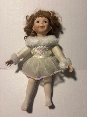 Plush Porcelain  ballerina  Doll in Cream Dress with Fur Trim